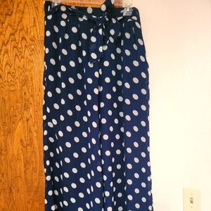 Blue and white polka dots wide leg pants
